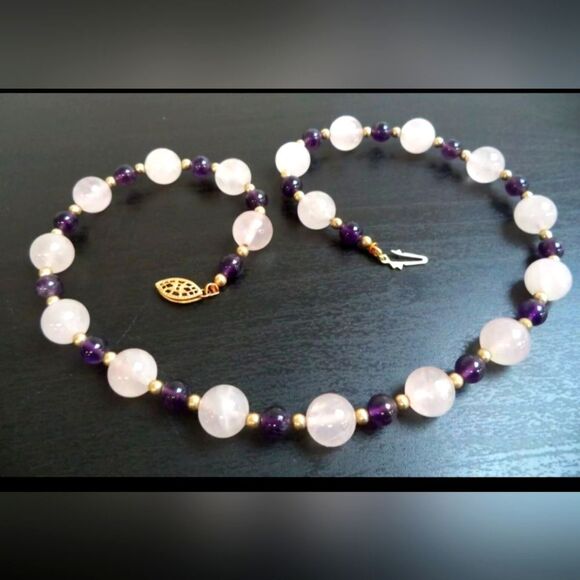 VINTAGE SIGNED GOLD FILLED ROSE QUARTZ & AMETHYST 17" NECKLACE - Picture 1 of 2